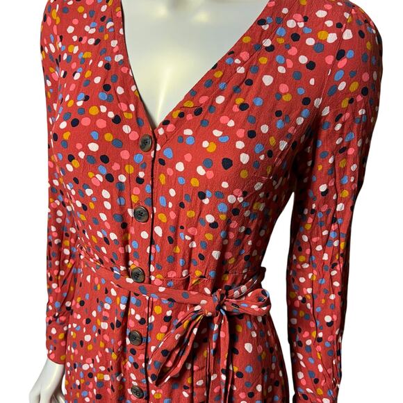 LOFT Coral Red Polka Dot Midi Dress | Colorful Button Front Belted Shirtdress - Picture 2 of 8